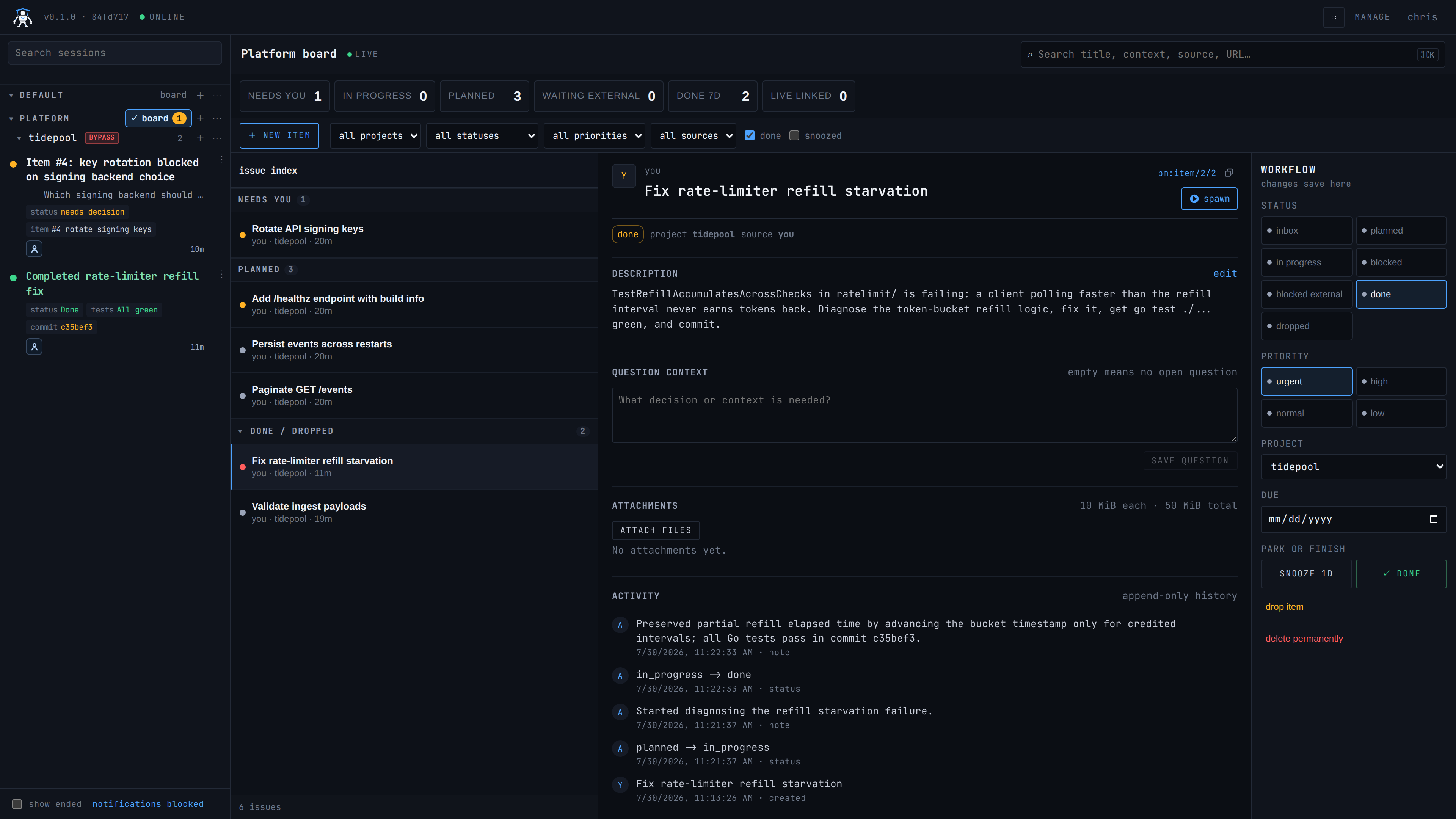 Work board with an item's append-only activity history