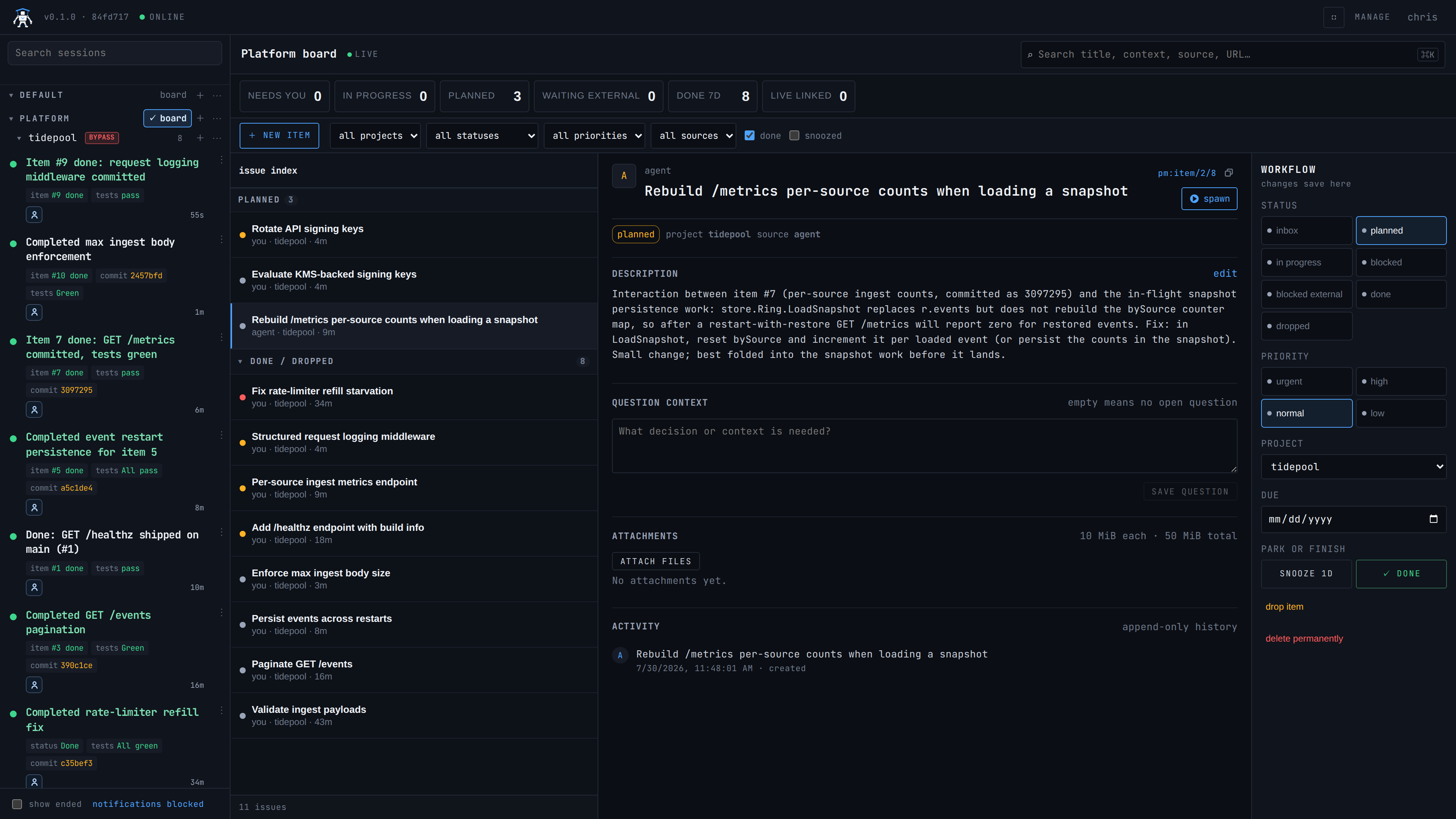 The finished board including an item filed by an agent