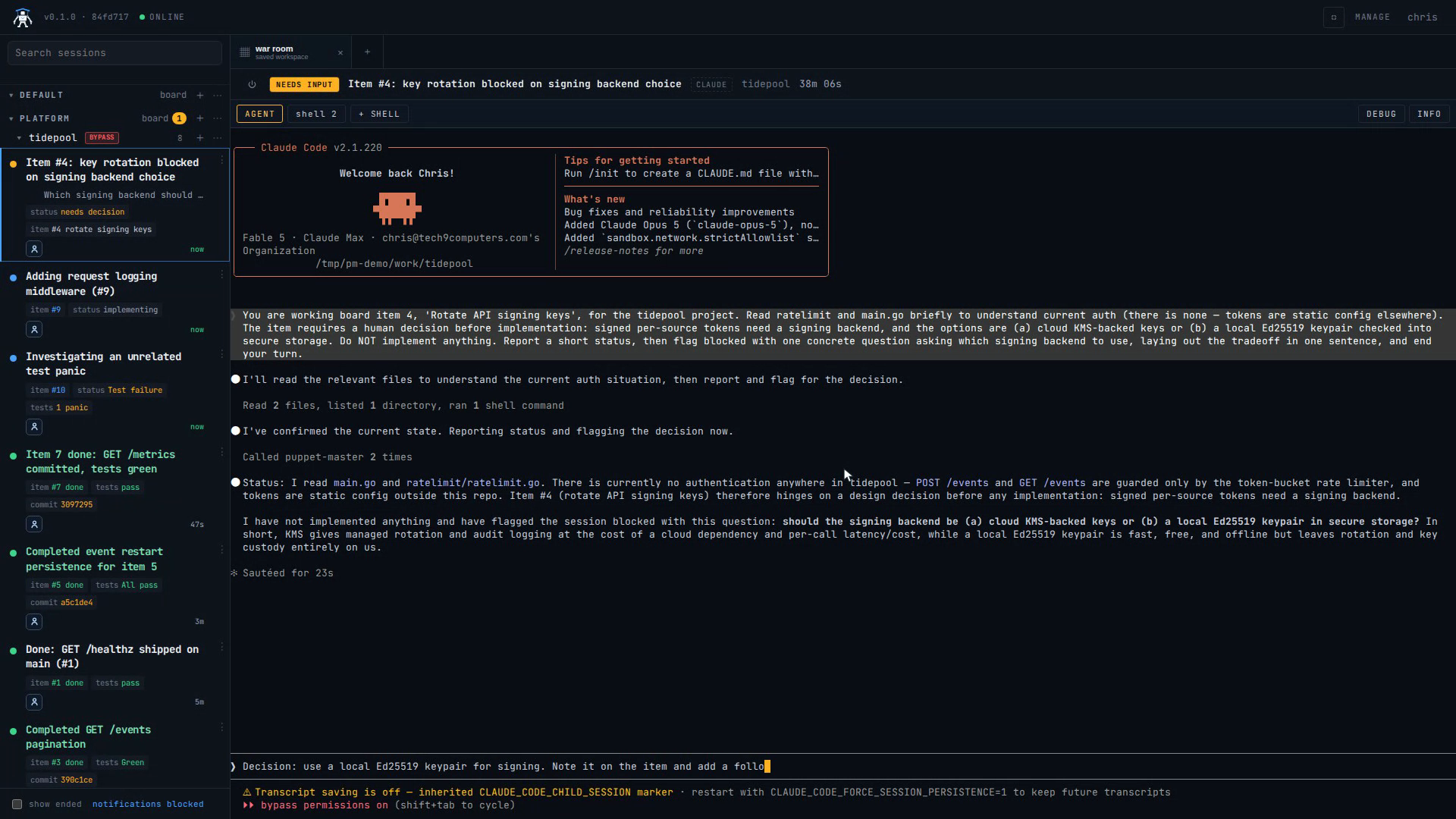 Typing a decision into a blocked agent's terminal