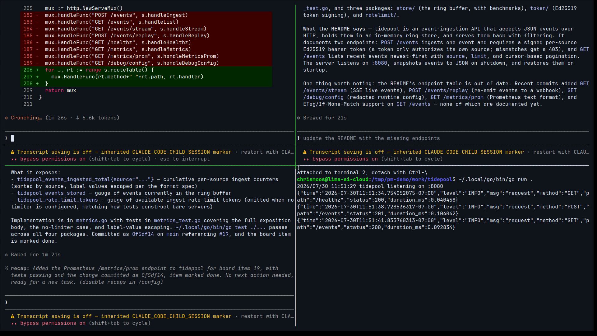 A saved workspace materialized as native tmux splits